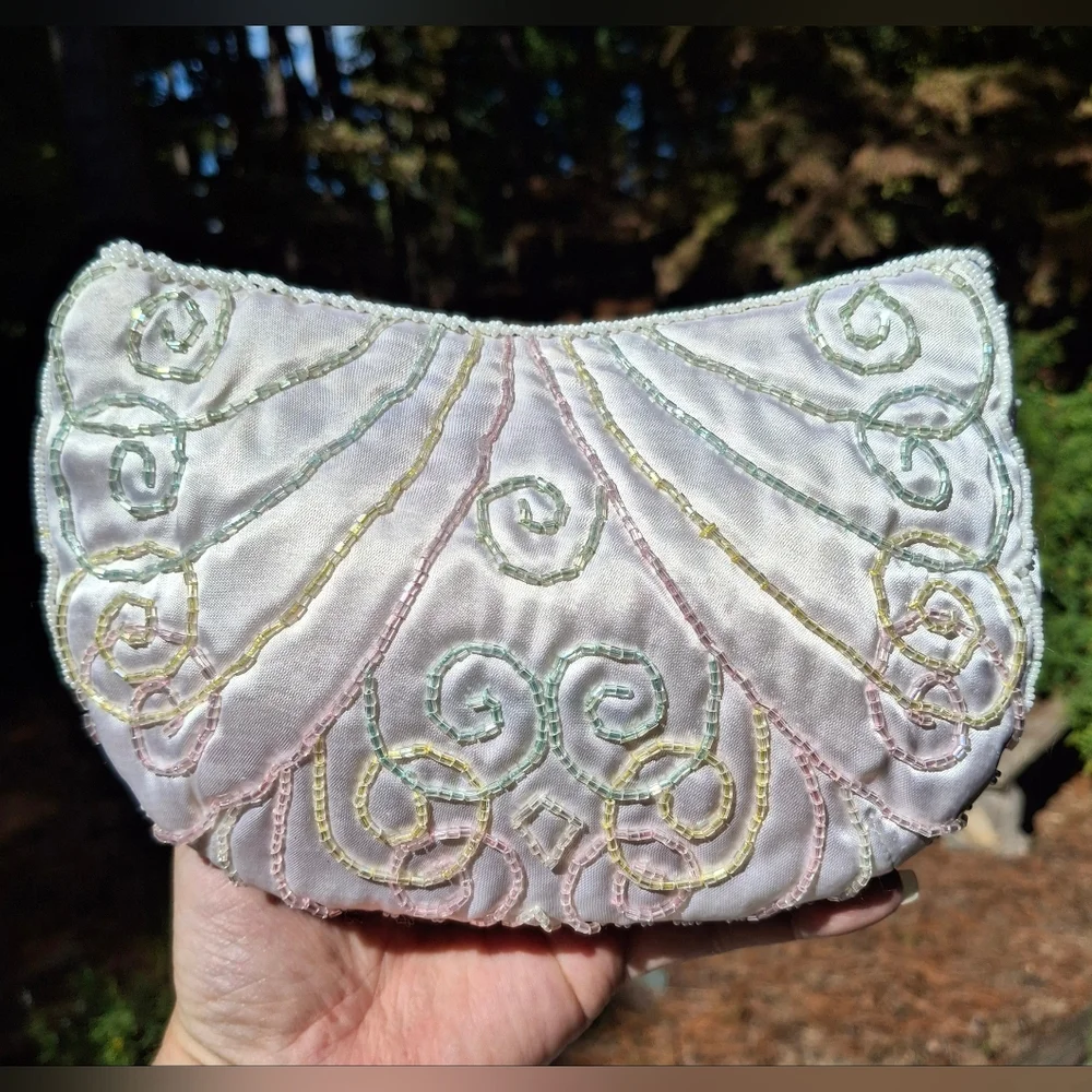 Vintage Magid White Satin & Pastel Rainbow Beaded Clutch Bag